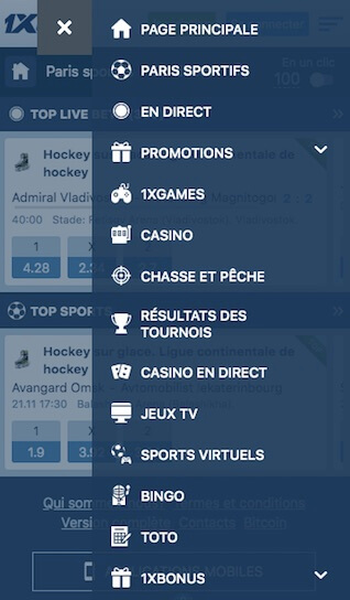 1xbet application menu