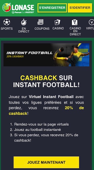 instant football cashback 20%